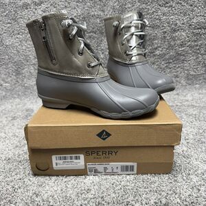 Sperry Rain Boots Womens 6 Leather Silver Shimmer Rubber Duck Waterproof
